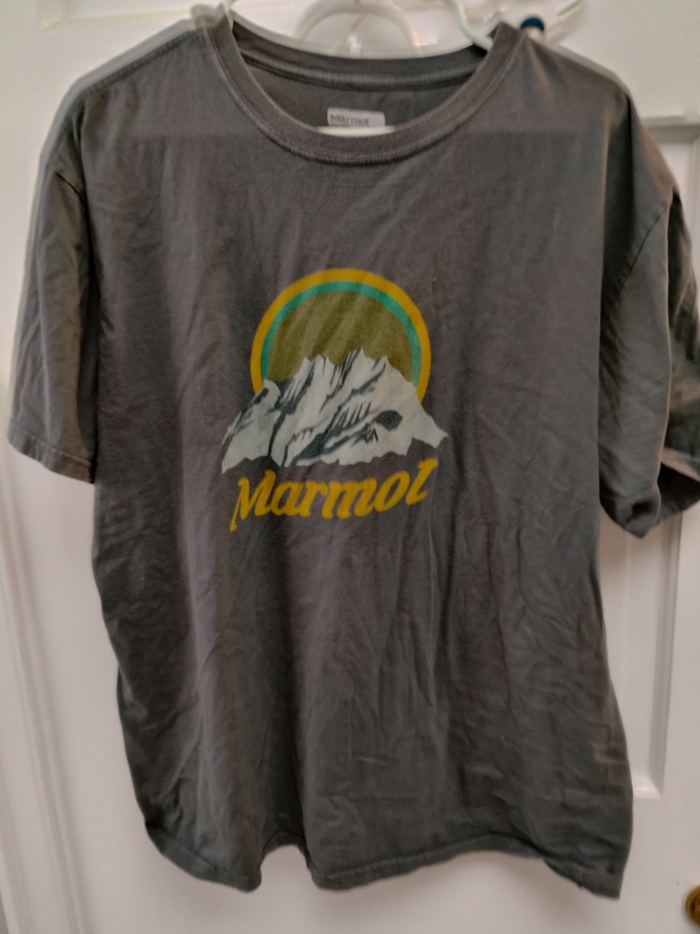 Marmot Gray Tee with Yellow Logo and Teal Accent